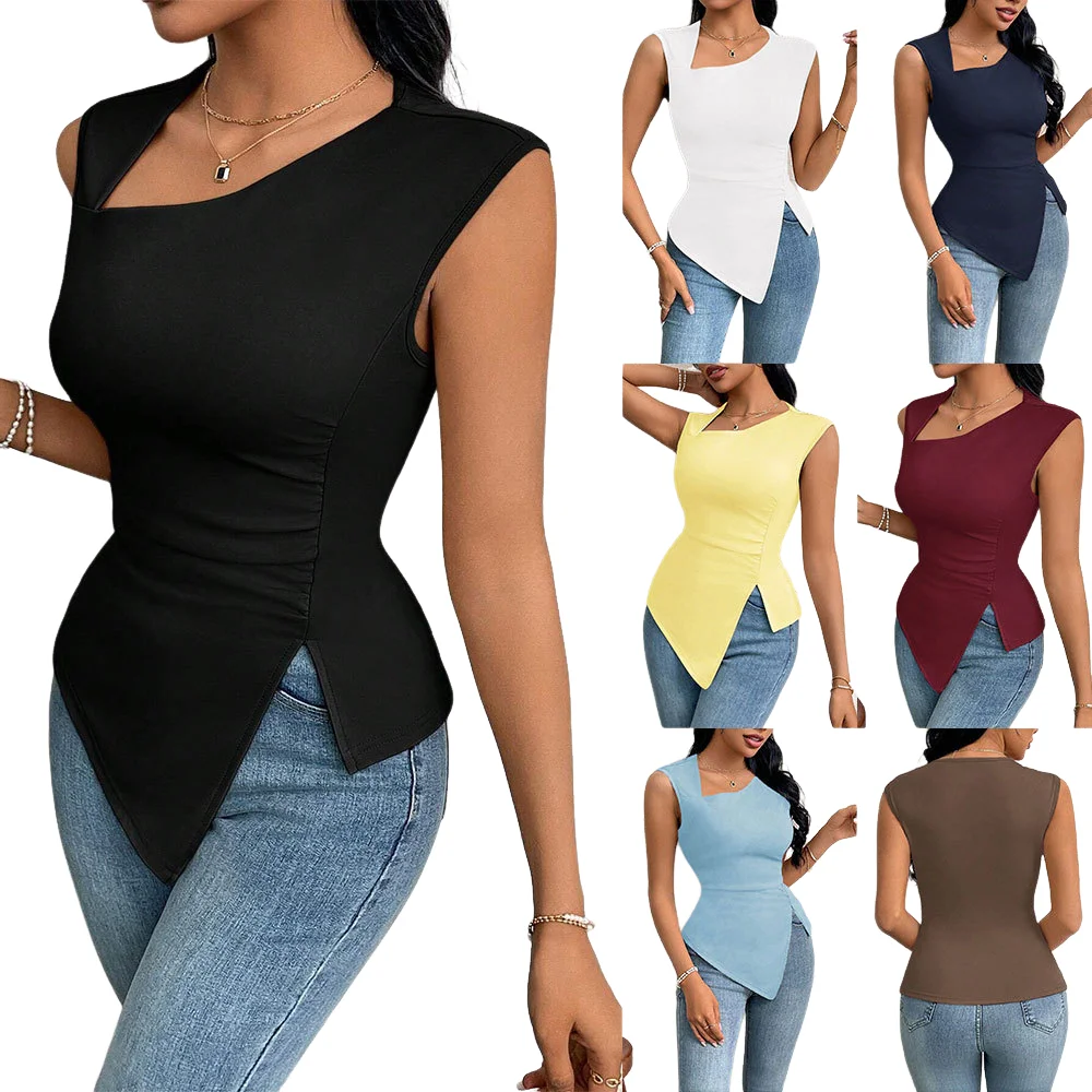 

Elegant Asymmetrical neck Navy Bule Women's Top Office Lady White Sleeveless Blouse Casual Solid Color Top 2026 Summer Clothing