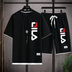 High quality men's summer short sleeve sportswear set Fashion print fitness jogging daily casual T-shirt + shorts 2 piece set