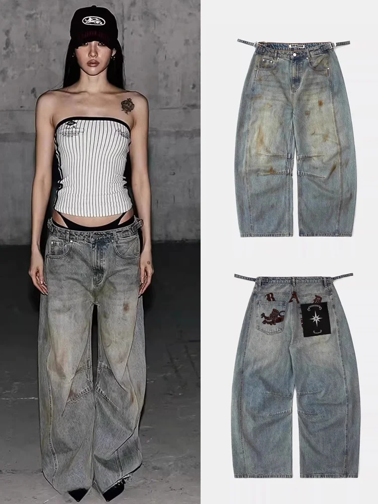 

Retro Casual Wide Leg Jeans American Washed Distressed Women's Fashionable Dyeing Natural Waist Button Closure Loose Fit