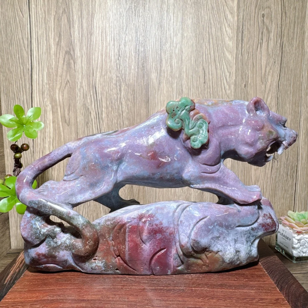 Natural Big Ocean Jasper Stone Animals Tiger Carving Stone Hand Carved Healing Crystal Reiki Energy Home Decor Ornaments Gifts