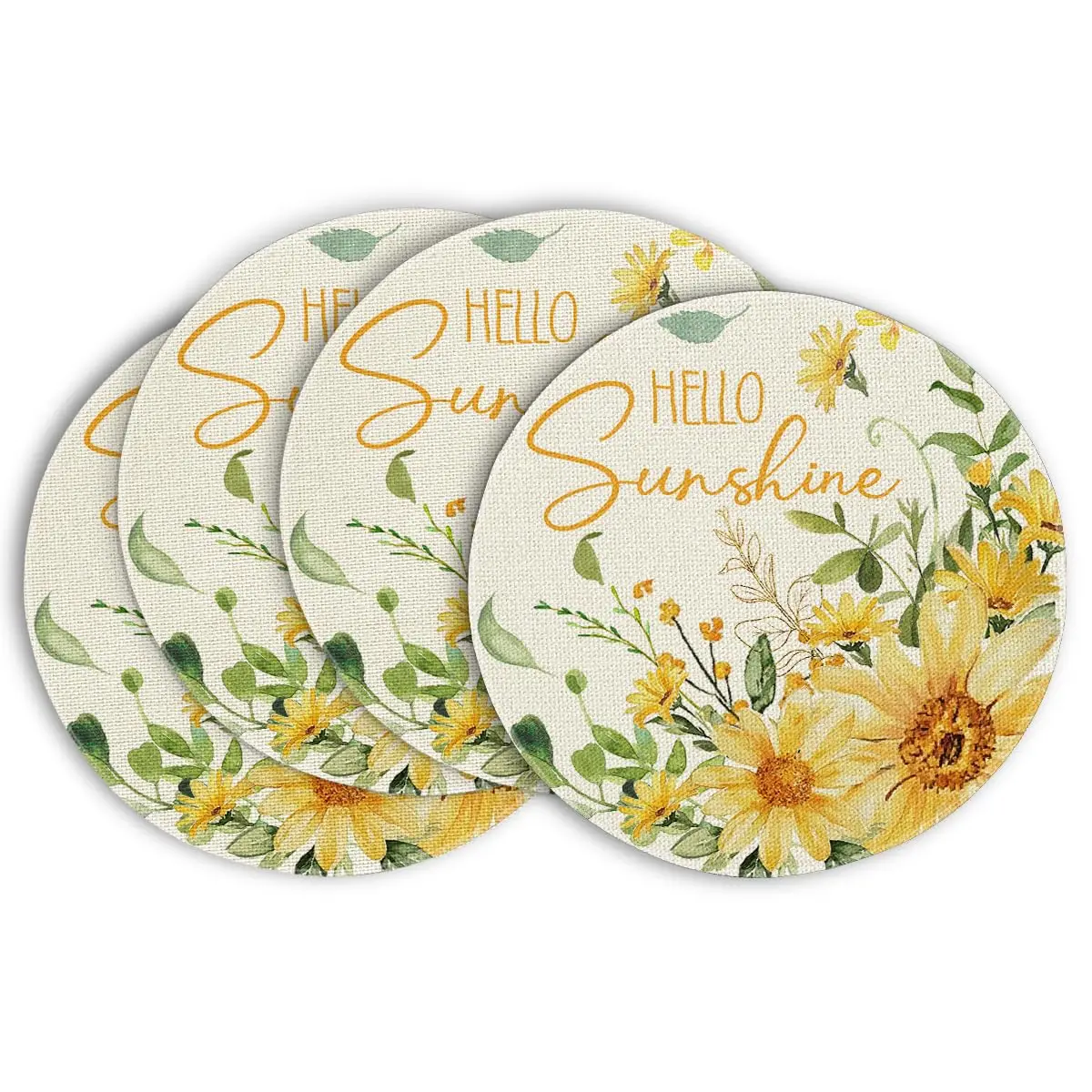 Hello Sunshine Sunflower Round Summer Placemats Set of 4,  Spring Round Table Mats for Dining Decoration