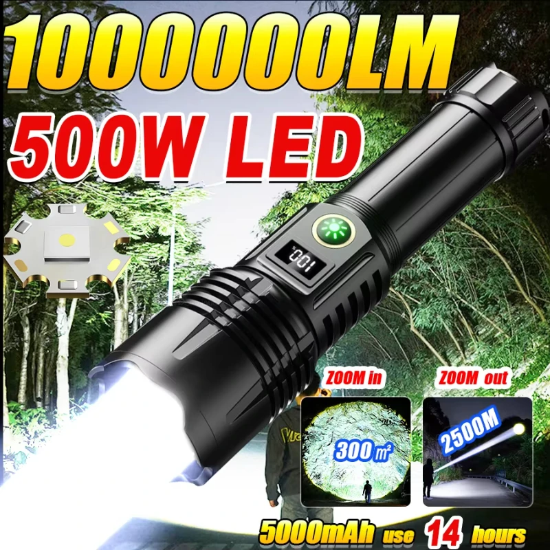 ハイパワー充電式LED懐中電灯,戦術懐中電灯,超強力,キャンプ用,1000000lm,500w,5000mah