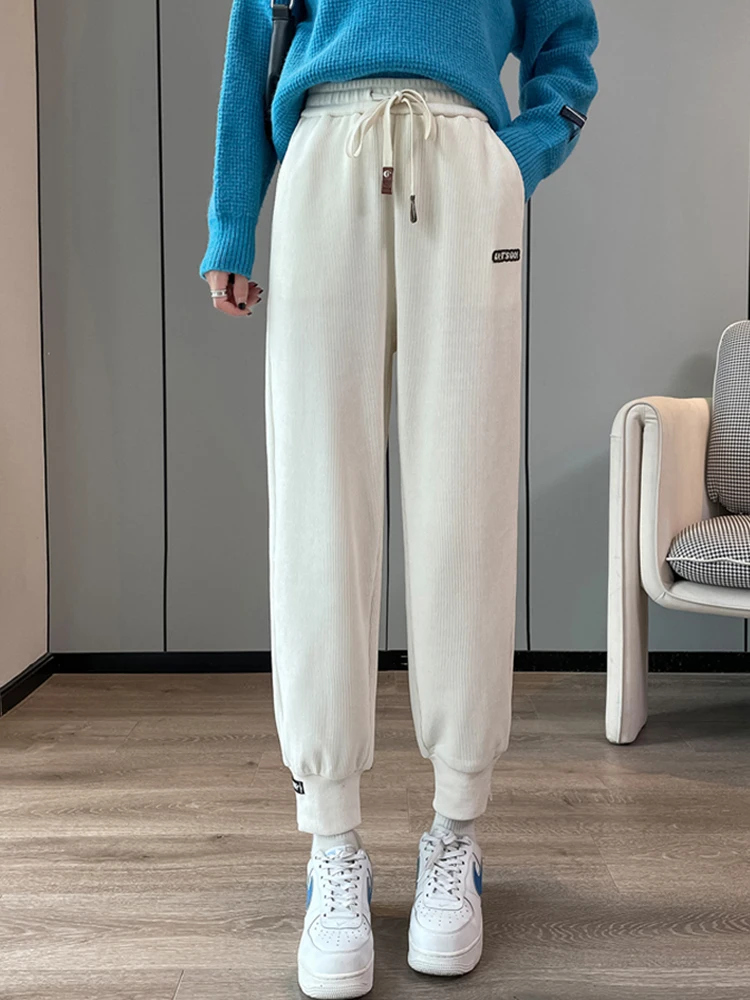 

Women's autumn and winter new casual loose drawstring elastic waist added velvet and thickened corduroy sports sweatpants
