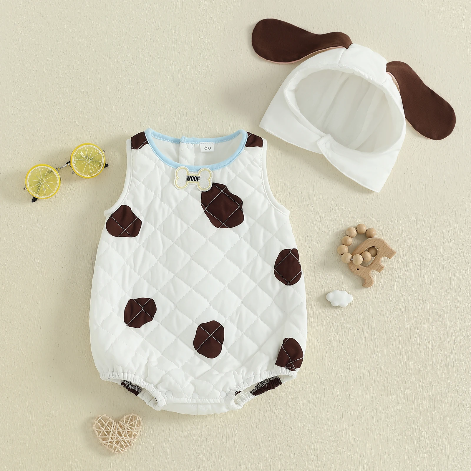 

Toddler Baby Dog Halloween Costume Quilted Black Spots Sleeveless Romper and Hat 2 Pcs Set