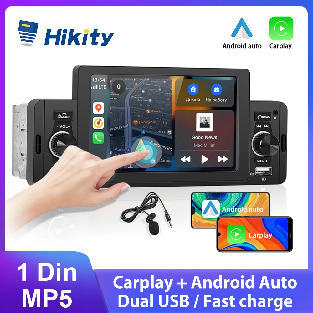 Hikity Autoradio 1 Din Car Radio Carplay MP5 Player Auto Stereo Digital Bluetooth Audio FM Music Stereo With Dual USB AUX Input