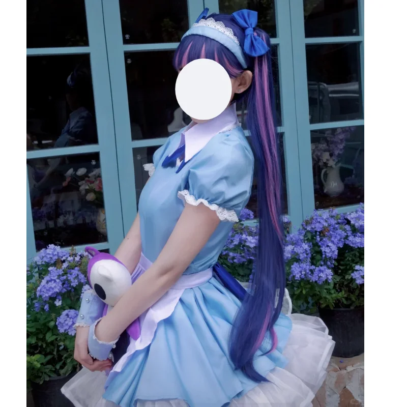 Panty Stocking Cosplay Costume Blue Maid Dress Full Set with Accessories And Wig Dessert Heaven Collaboration for Halloween Part