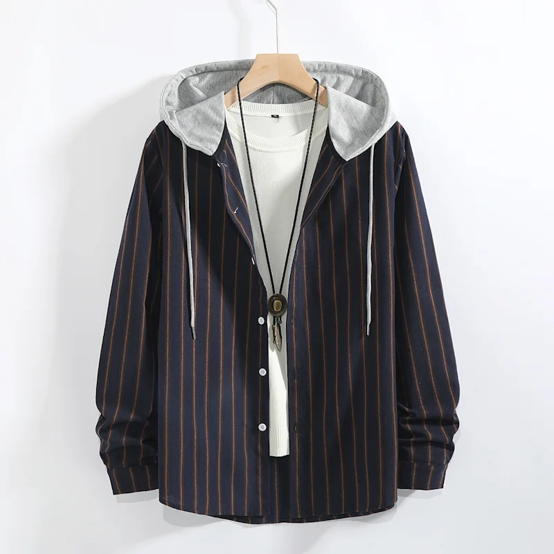 Men's new hooded casual shirt blue contrasting striped cardigan top