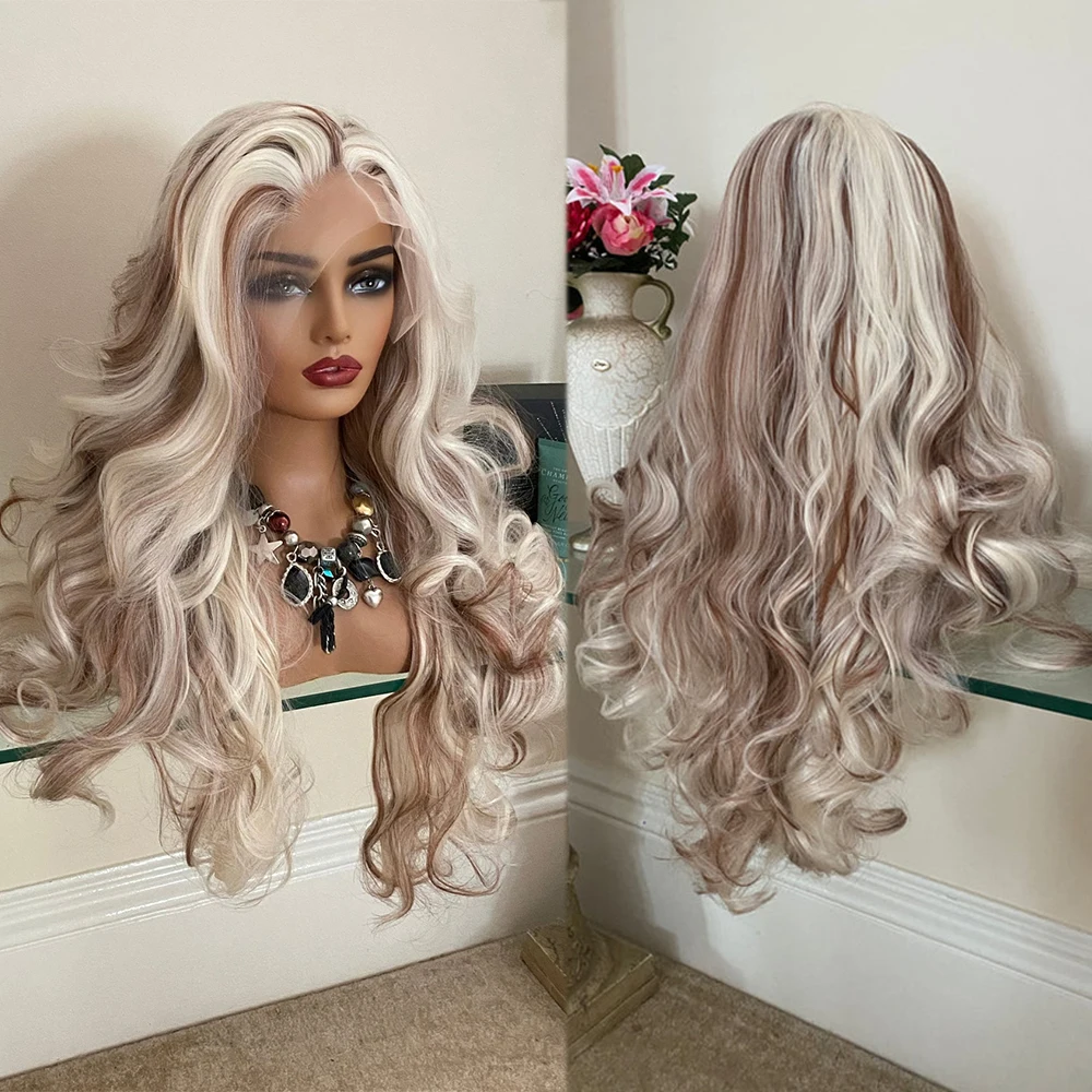 

Blonde Brown Highlights Human Synthetic Mix Lace Wigs Natural Hairline 28inch Heat Resistant Body Wave Lace Front Wig for Women