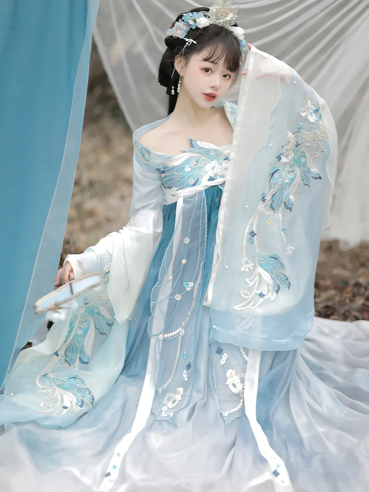 Women Chinese Traditional Blue Hanfu Costume New Style Lady Han Dynasty Dress Embroidery Wei Jin Dynasty Princess Folk Dance