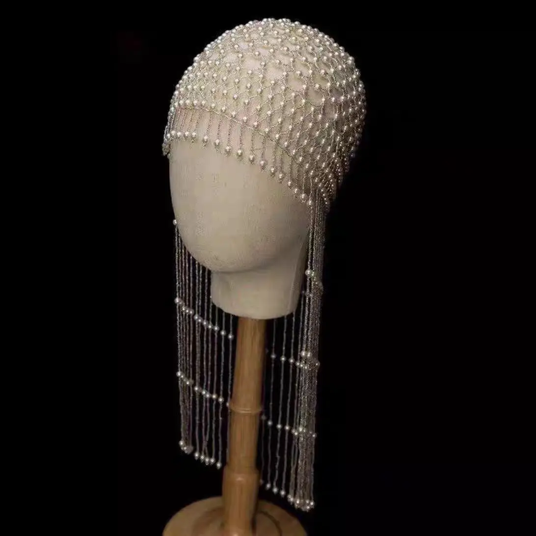 

Womens Beaded Headwear Pearl Fringe Hat