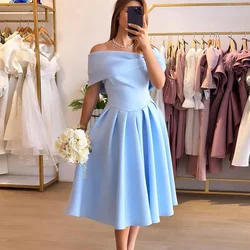 Sky Blue Satin Cocktail Gown Off The Shoulder Boat Neck Beading A Line Pocket Evening Party Dresses for Wedding Short Prom Dress