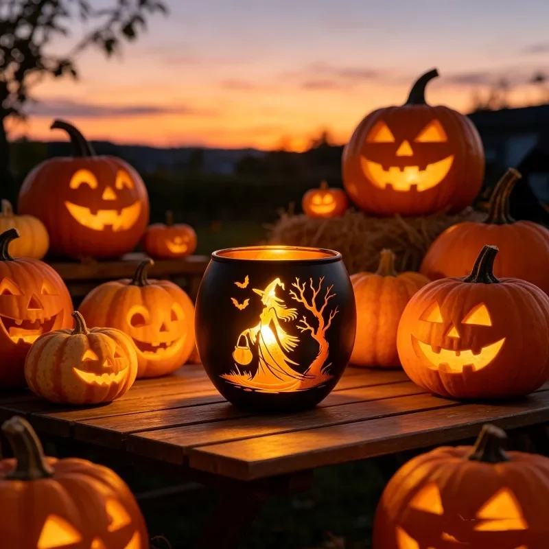 Halloween black golden glass candle holder Witch bat tree silhouette pattern Atmosphere decoration Halloween desktop decoration