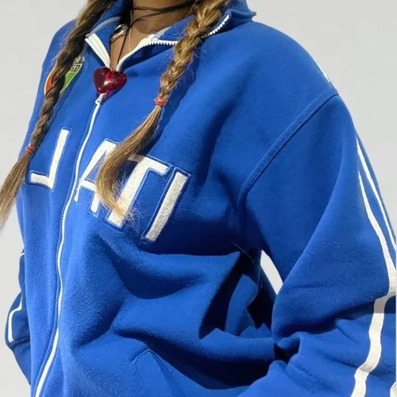 y2k streetwear Blue hoodie sweatshirt zipper warm Harajuku punk grunge y2k clothing women Hip hop sweatshirt Hoodie Sweatshirt