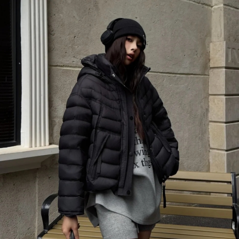 Winter Oversized Pork Rib Style Hooded Down Jacket Women Waterproof White Duck Down Outwear Female Loose Zipper Warm Down Jacket