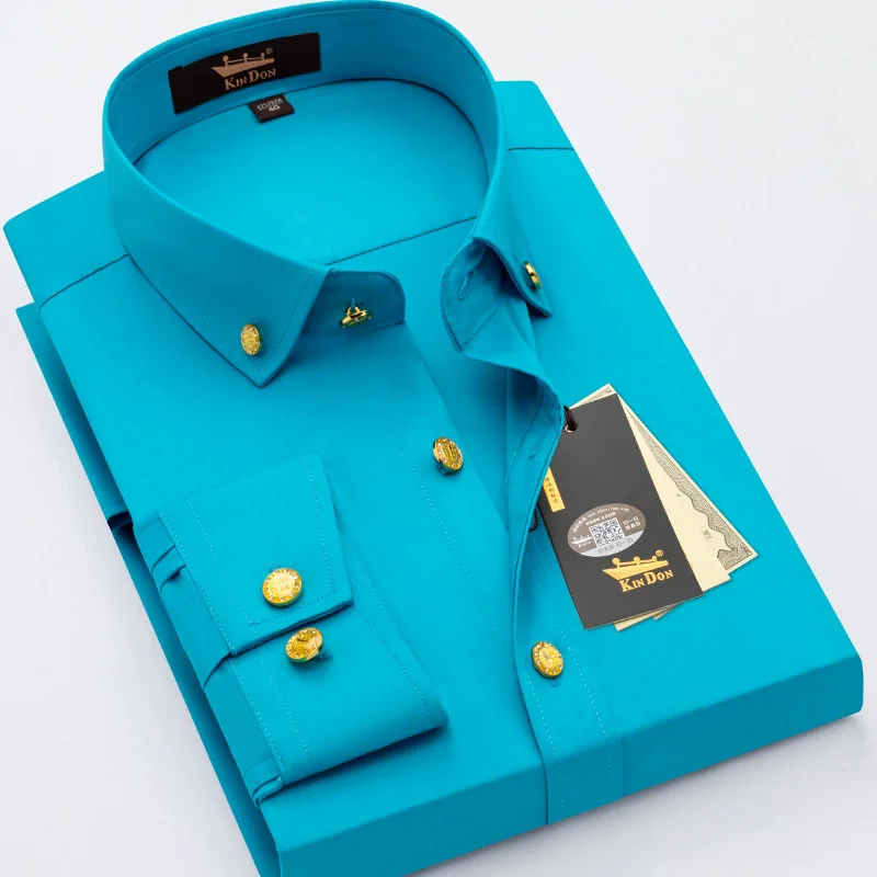 2026 Men\'s Diamond Button Long-sleeved Shirt Male Business Casual Slim Copper Button Dress Shirt Top Quality Groom Wedding Shirt