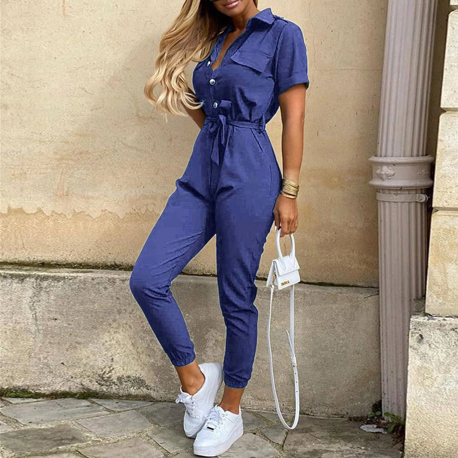 

Summer Wear Rumper Jumpsuit Women Elegance Women Tracksuit Lapel Belt Short Sleeve Bodysuit Woman Jumpsuits Women's Bodycon Suit