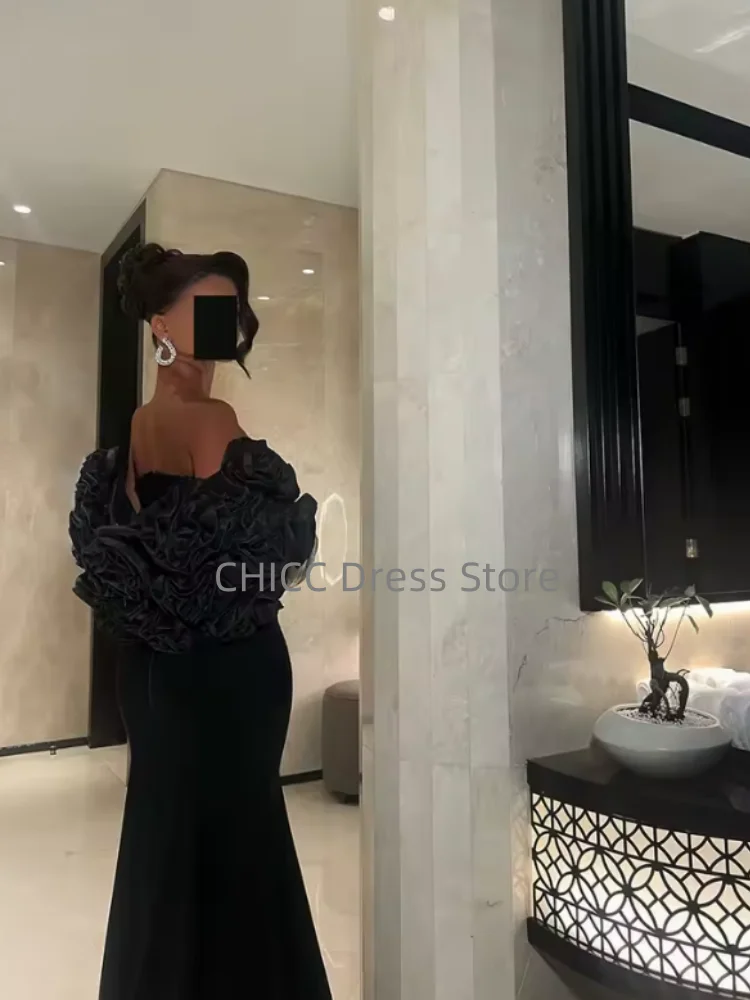 Arabic Evening Dresses Sweetheart Black Mermaid Prom Dress Flower Sleeves Women Party Gown Customized فساتين سهرة