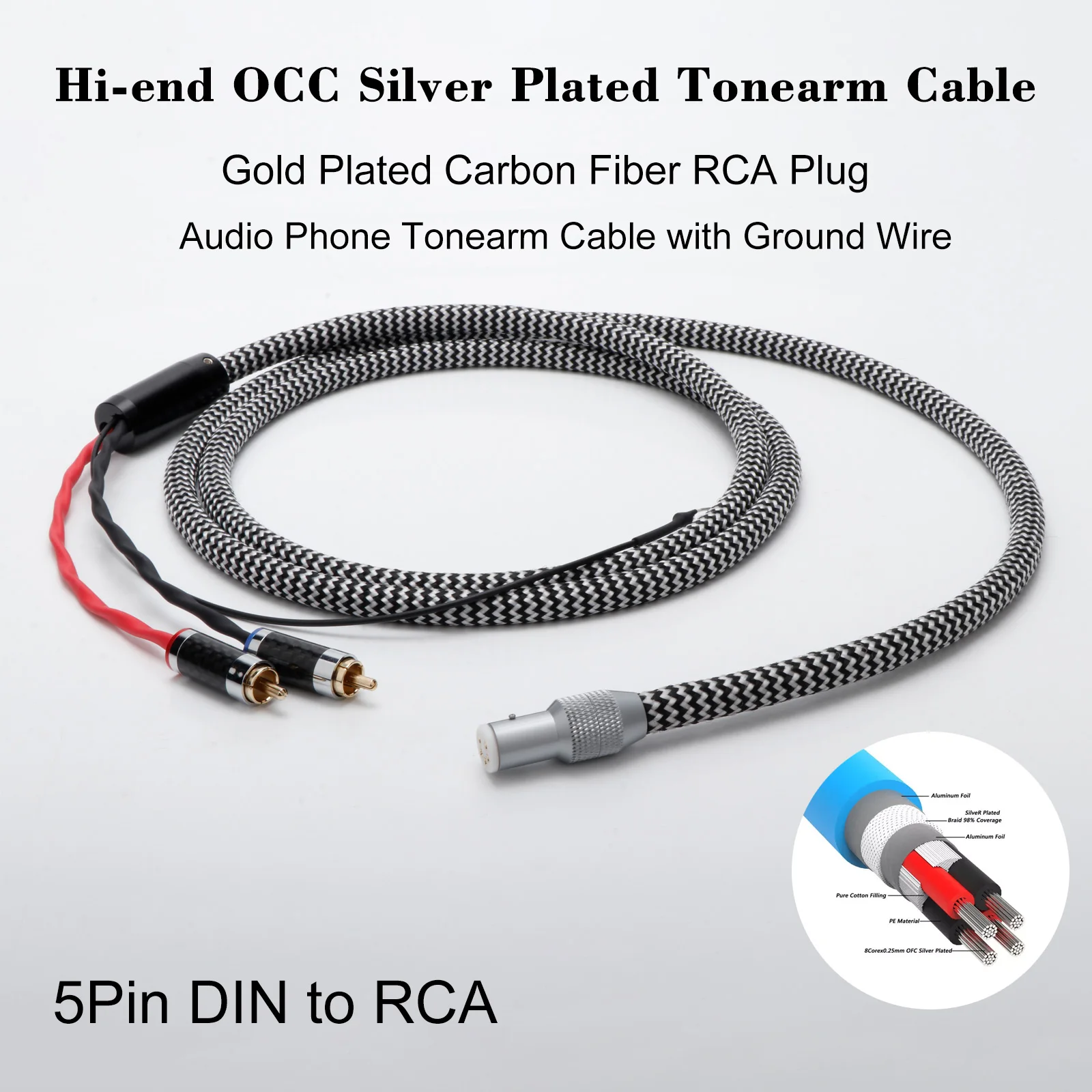 Hi-End OCC Silver-Plated Tonearm Cable with Carbon Fiber Gold-Plated RCA Plugs Ground Wire Included for Audiophile HiFi System