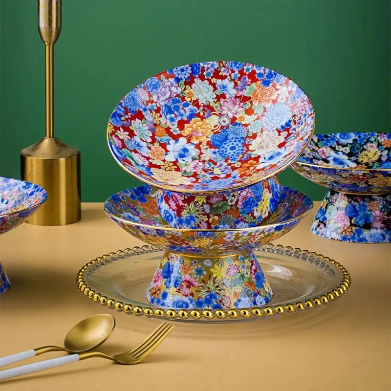 Gold Border Enamel Ceramic Plate Chinese Classical High Foot Fruit Tray Afternoon Tea Snack Dessert Plate Living Room Decoration