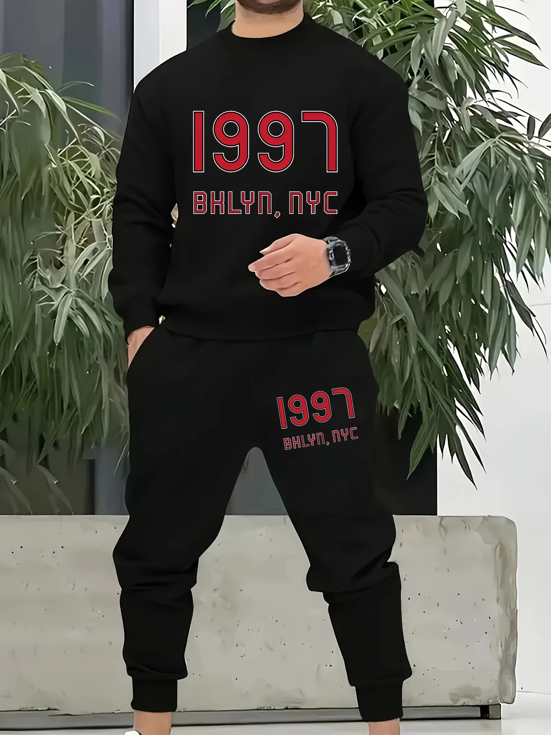 1997 Bhlyn  New York City Pattern Fashion Suits Man Fleece Warm Clothing Simple Pocket Pants Autumn Men Basics Sweatshirt