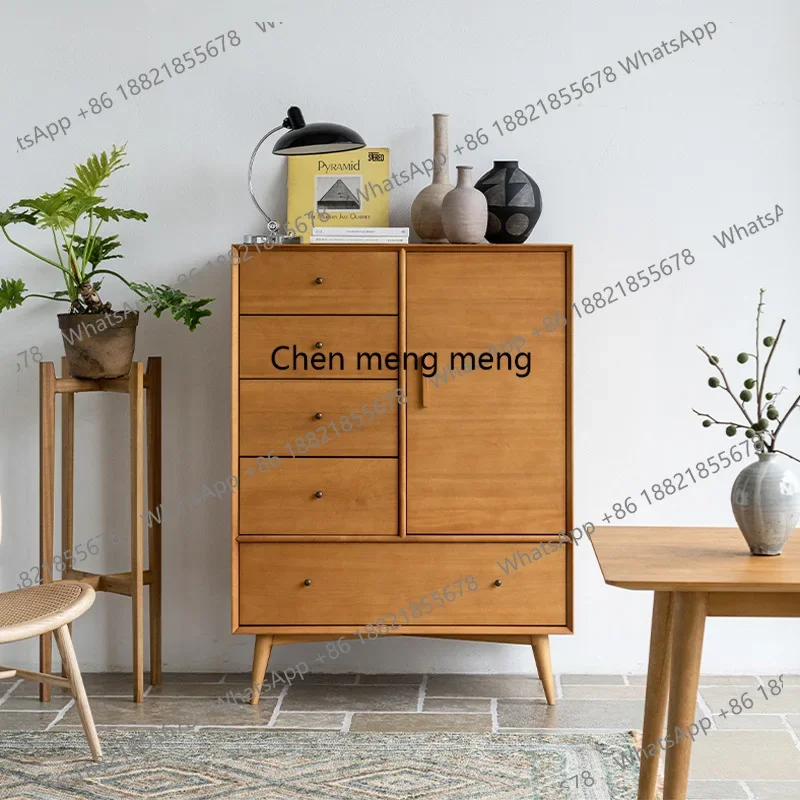 Nordic Mid-Century Solid Wood Five-Drawer Chest of Drawers in Natural Wood Color for Bedroom Storage Cabinet