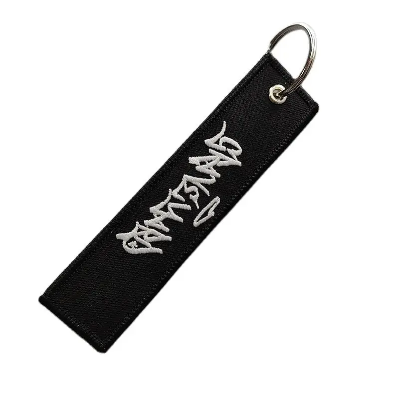 Custom Embroidery Keyring Black White 3D Embroidered Tag Double Side Logo Key Pandent Personality Creative Gift Merrow  Edge