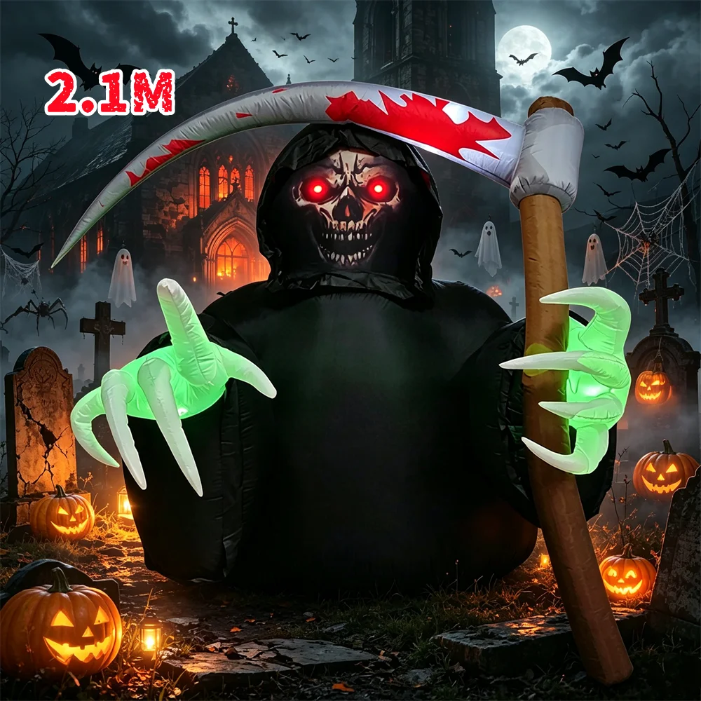 Halloween 2.1M Inflatable Skeleton Death Reaper With Sickle LED Lighting Suitable Courtyard Gardens Counter Window Decoration