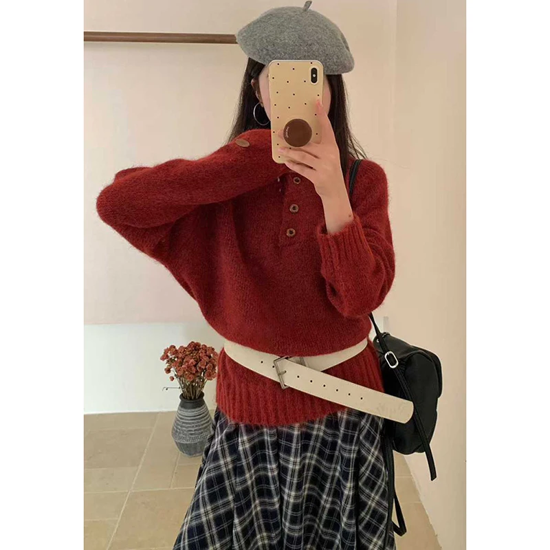 Moda botão guarnição oversized camisola de malha feminina coreano muti-cor macio o-pescoço pullovers solto cor sólida all-match jumpers