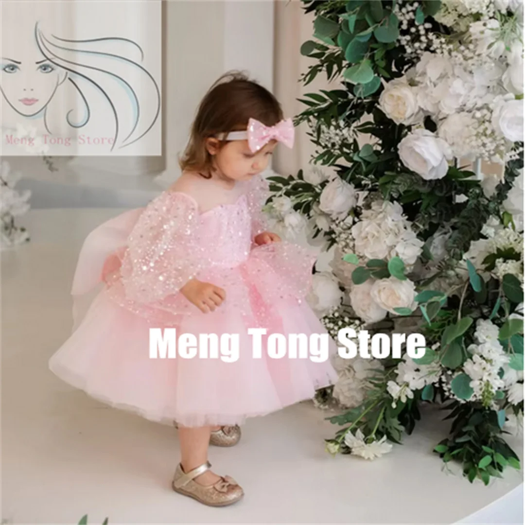 Personalização rosa tule applique vestido da menina de flor para o casamento o-pescoço lantejoulas inchado crianças primeiro aniversário