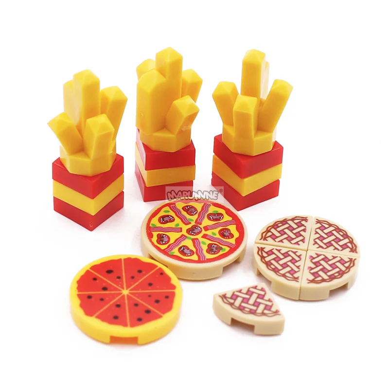 Marumine Mini Food Building Blocks Kitchen Accessories Hamburger Pizza Fries Cake Chocolate Cookies MOC Bricks Toy Basket Parts