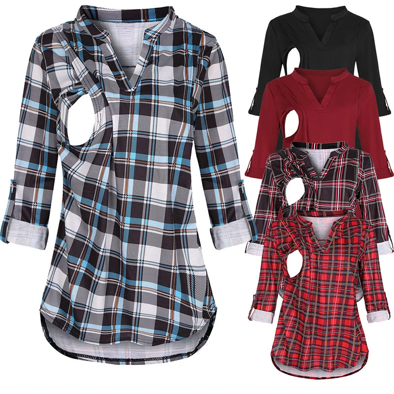 Maternity Tops V-neck Long Sleeve Plaid Print Nursing Tops Blouse Breastfeeding Maternity Clothes Maglia Premaman Maternity Tops