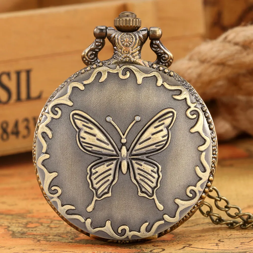 Vintage Elegant Butterfly Bronze Pocket Watch Quartz Analog Full Hunter Pendant Necklace Watches Retro Gift for Women