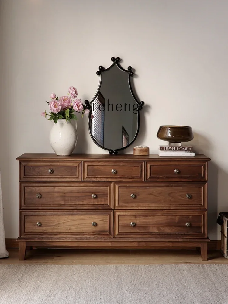 i10.9-Vintage Solid Wood 7-Drawer Cabinet American Bedroom Bed Front Cabinet Black Walnut North American Locker
