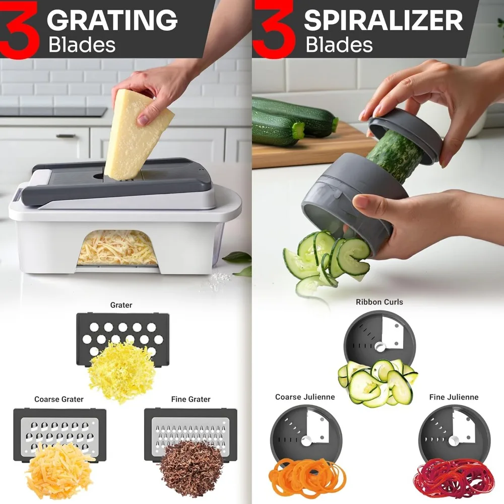12-Blade Mandoline Slicer, Food Chopper, Vegetable Spiralizer with Container - Kitchen Gadgets Set in White/Gray
