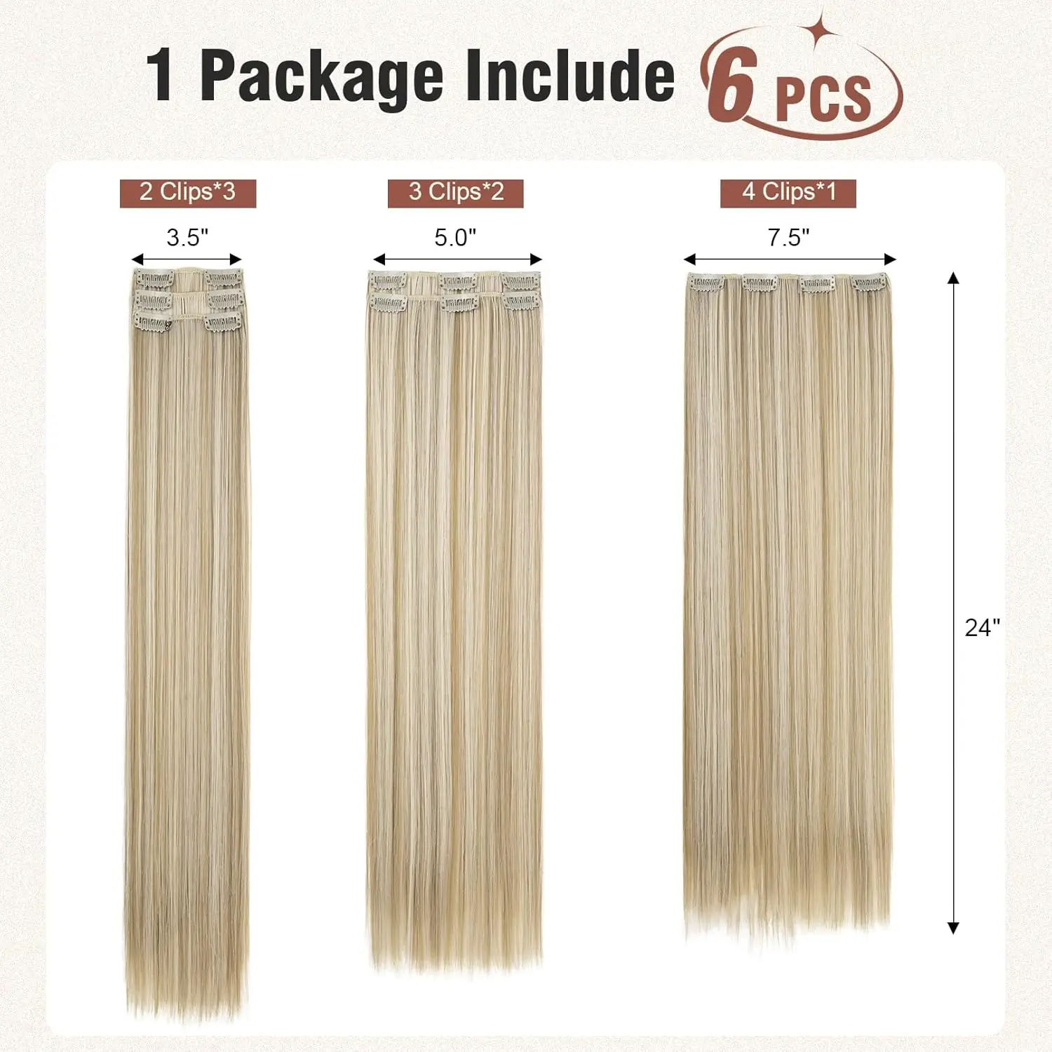 Extensions de cheveux synthétiques à clipser pour femmes, postiche longue droite, blonde avec surbrillance blonde, 24 po, 6 pièces