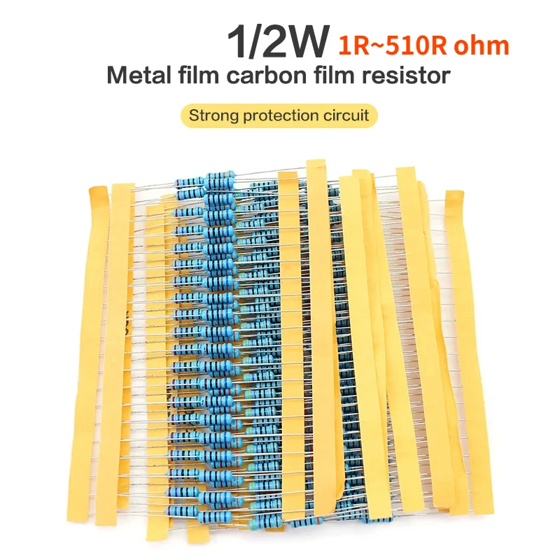 50pcs 1/2W 1R~510R ohm Metal Film Resistor 0.5 Watt resistance 1% -1R 2R 3R 5R1 7R5 51R 910R 2K7 15K 27K 30K 36K 47K 51K 62K 82K