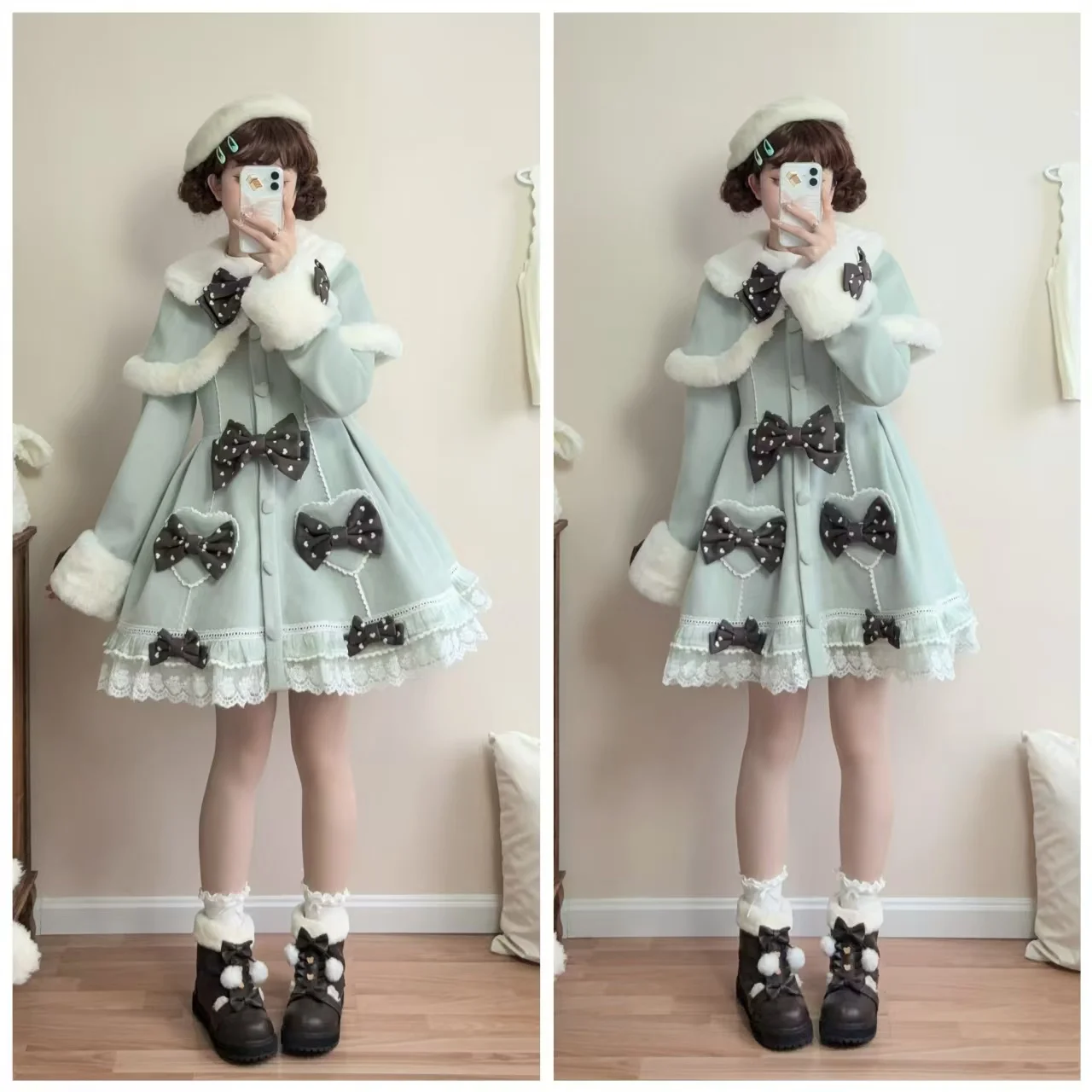 Lolita Sweet Wool Cape Coat Girls Women's  Autumn and Winter Girl Cute Bow Plush Collar Elegant Y2k Woolen Jacket with Cloak