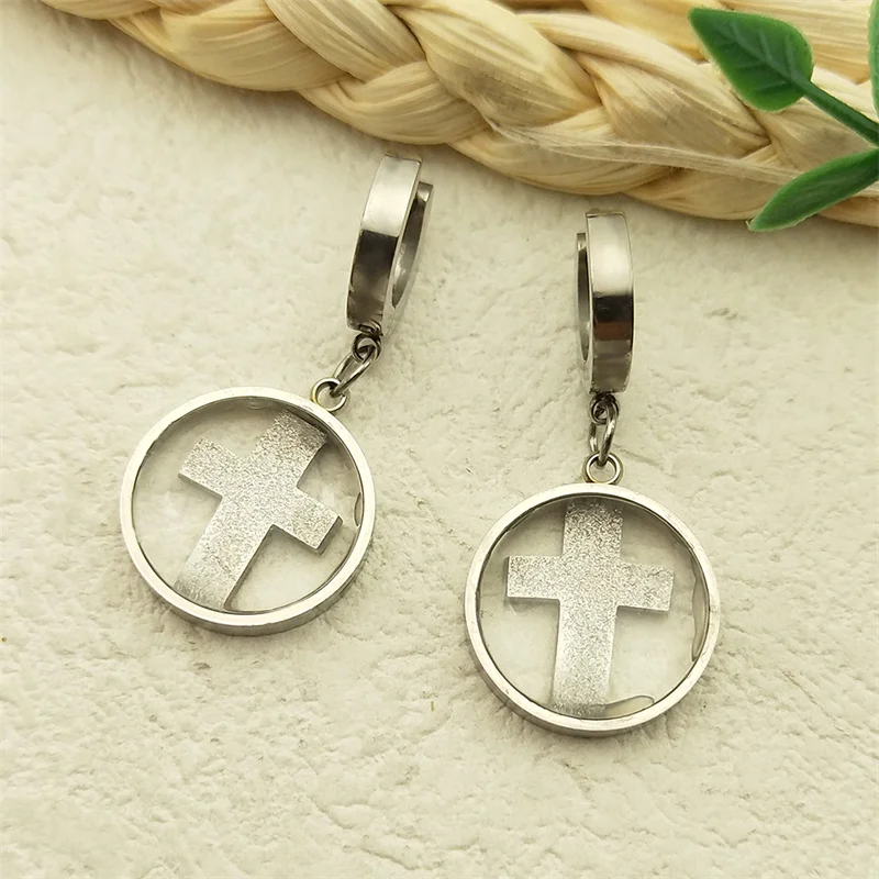 

Jesus Cross Circle Earrings for Women Stainless Steel Gold Silver Color Dangle Earring Huggies Piercing Jewelry Party Gift