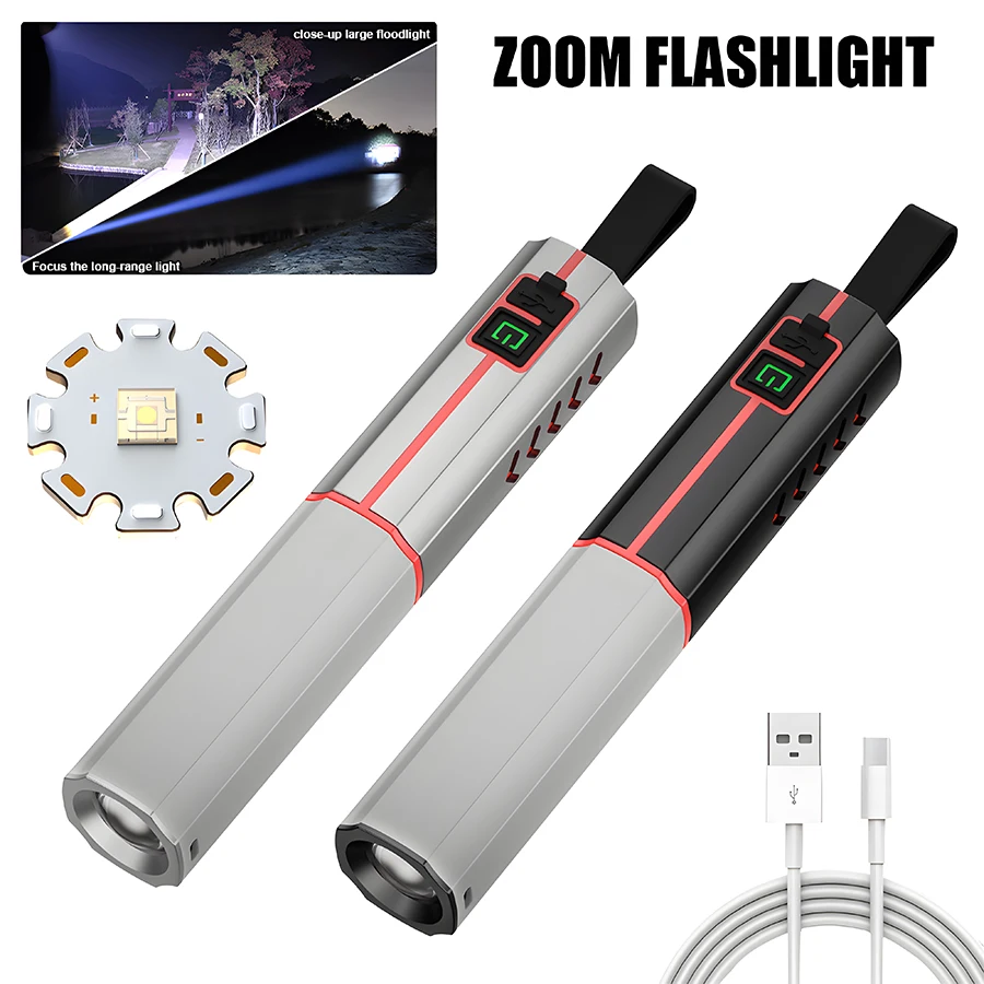 1-3PCS Super Bright Flashlight LED Torch Light With Hook Camping Light TYPE-C Rechargeable Zoomable Waterproof Flashlight