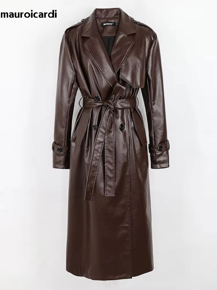 Mauroicardi Spring Long Loose Black Silver Soft Faux Leather Trench Coat for Women Sashes Double Breasted Leather Overcoat 2025