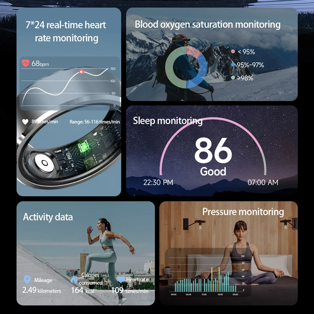 696 الذكية حلقة سوار البنصر الرقمي رصد معدل ضربات القلب مقاوم للماء الأكسجين في الدم النوم التحكم عن بعد الرياضة النساء الرجال