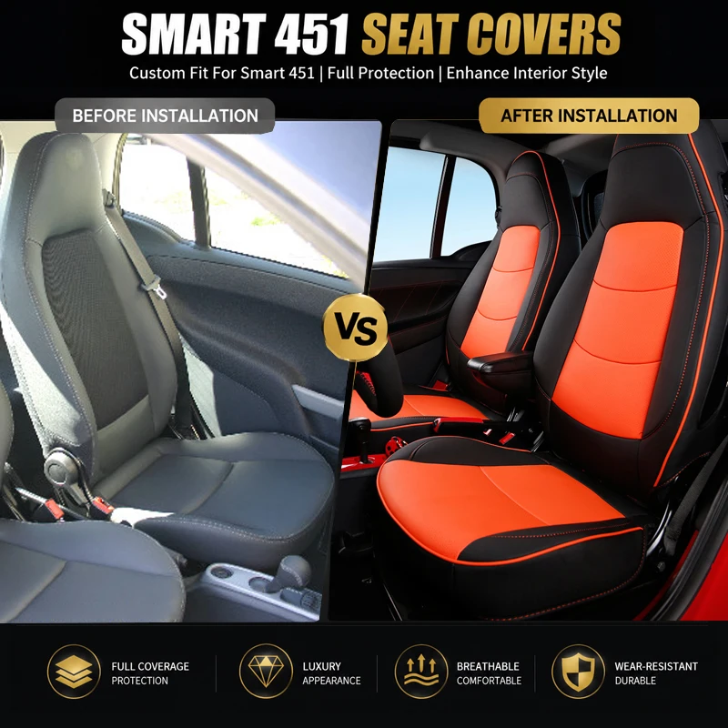 Coprisedili su Misura di Lusso per Smart Fortwo 451 2014 2013 2012 2011 2010 2009, Set di Protezione Interni in Pelle per Upgrade
