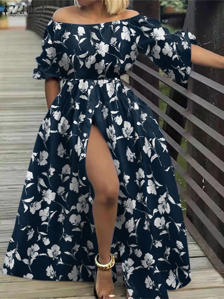 Bohemian Sexy Maxi Dresses ZANZEA Women Floral Printed Sundress 2025 Summer Off The Shoulder Robe Holiday Buttons Long Vestidos