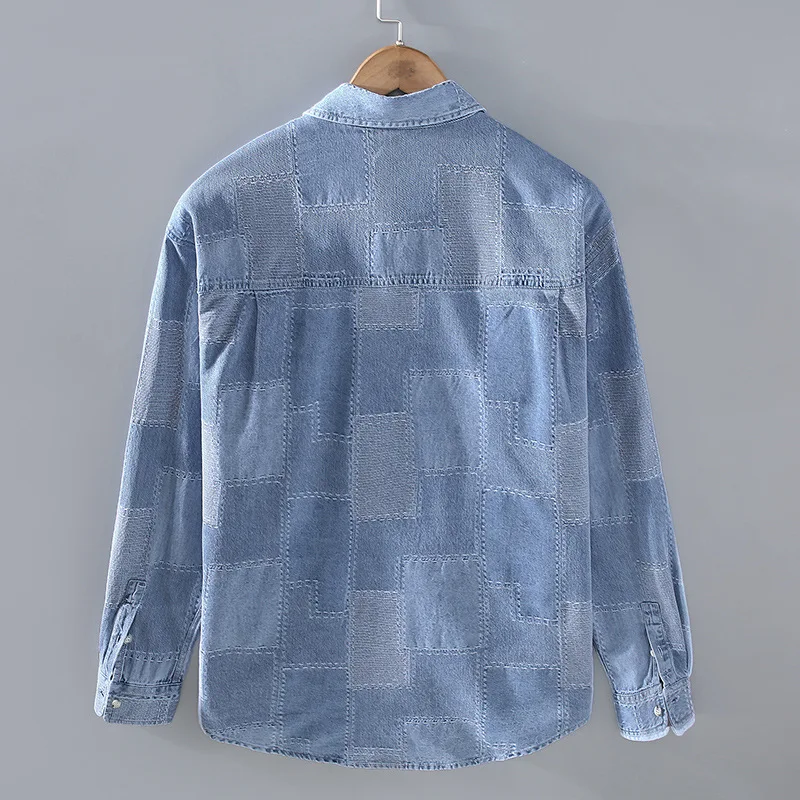 Fashion Long Sleeve Denim Shirt Men High Street Loose Light Blue Jean Shirts Pure Cotton Patchwork Shirt Youth Casual Shirts Man