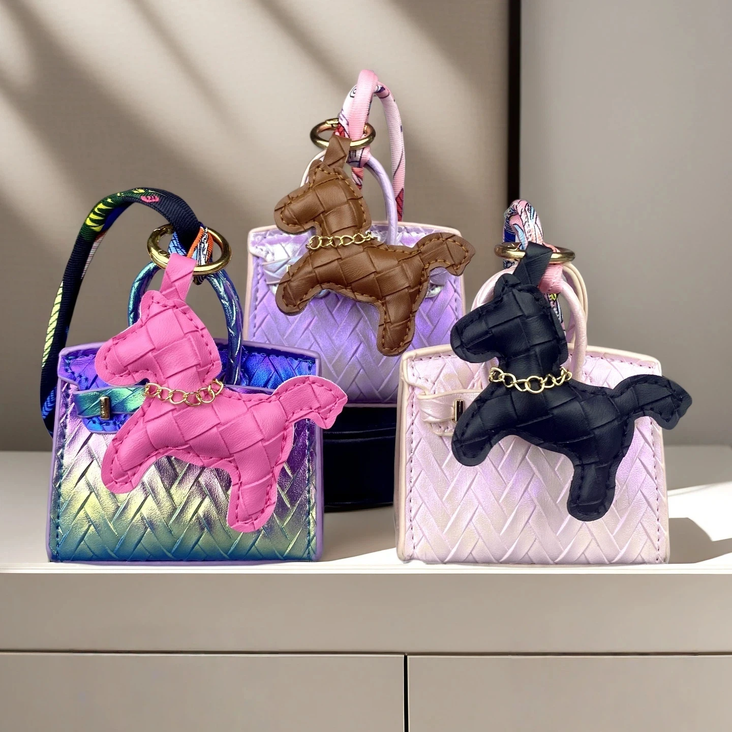 Rainbow Iridescent Woven Pattern PU Leather Mini Coin Purse/Earphone Case Cute Pony Charm Set-Small Wallet for Keys/AirPods/Gift