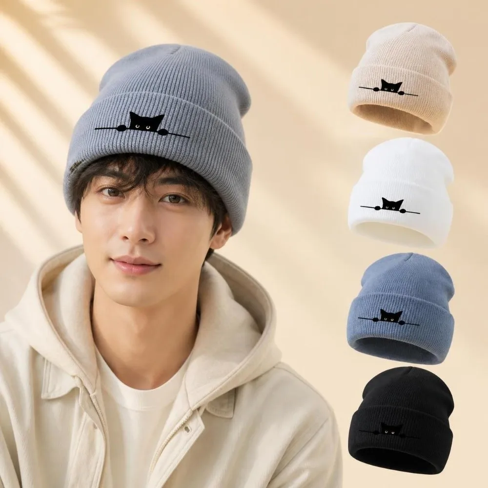 High Quality Solid Color Knitted Beanie Hat Cartoon Cat Printed Windproof Warm Hat Cold Proof Pullover Cap Outdoor