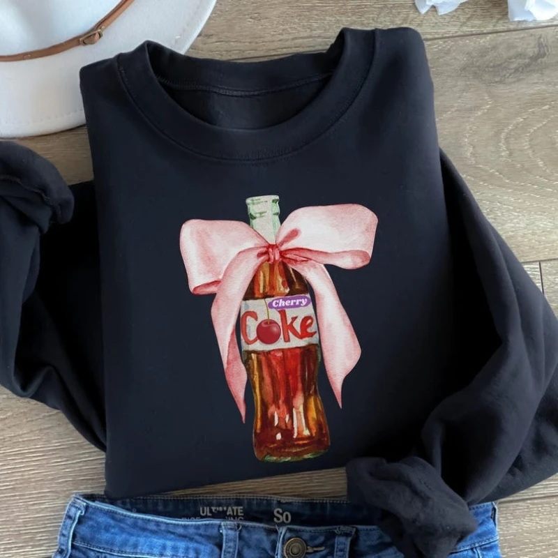 Pink Bow Cola Crewneck Sweatshirt Coke Lover I Need A Funny Long Sleeve Cherry Soda Autumn and Winter Commuter Thermal Hoodie view 2
