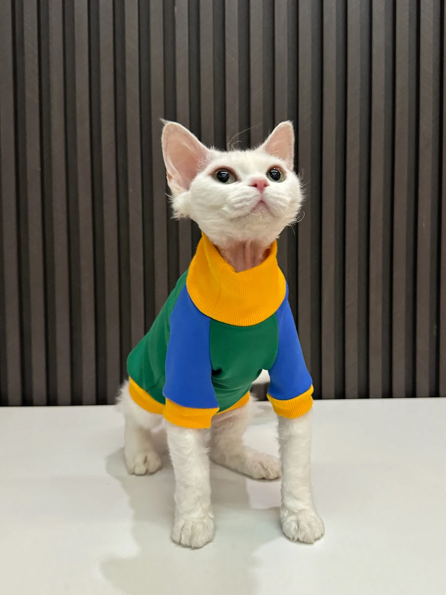 Patchwork Undershirt for Sphynx Cat Autumn Winter Soft Cotton Shirt for Devon Rex Long sleeves Coat for Kittens Cat Supplies