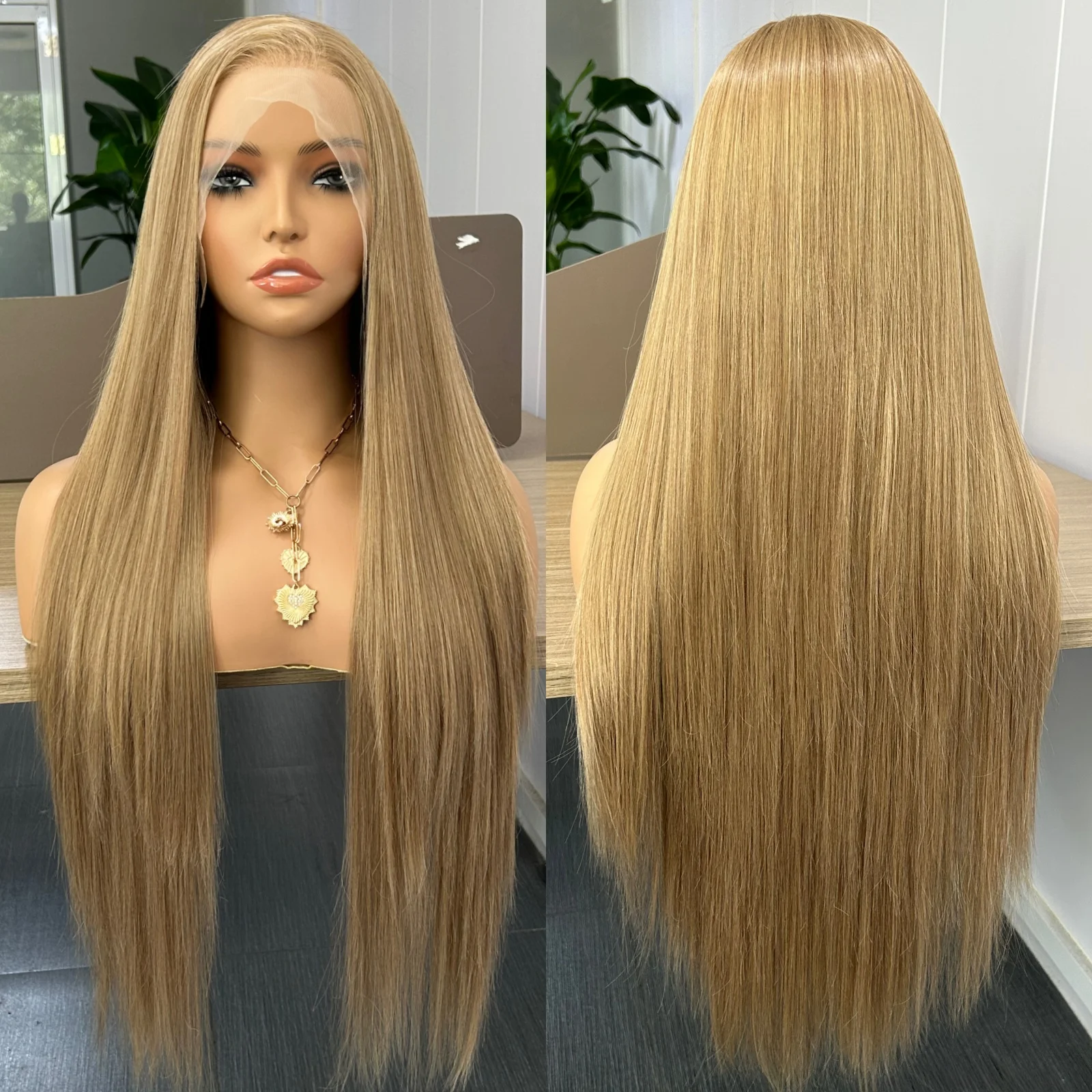 

Long Blonde Brown Mixed Highlights Straight Synthetic Lace Front Wigs for Women Ash Blonde Light Brown Colored Wigs for Daily