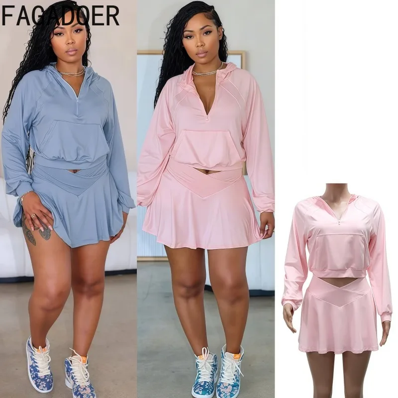 

FAGADOER Casual Sport Two Piece Outfits Woman Long Sleeve Pocket Patchwork Hooded Crop Top + Pleated Skirt Female Streetwear New
